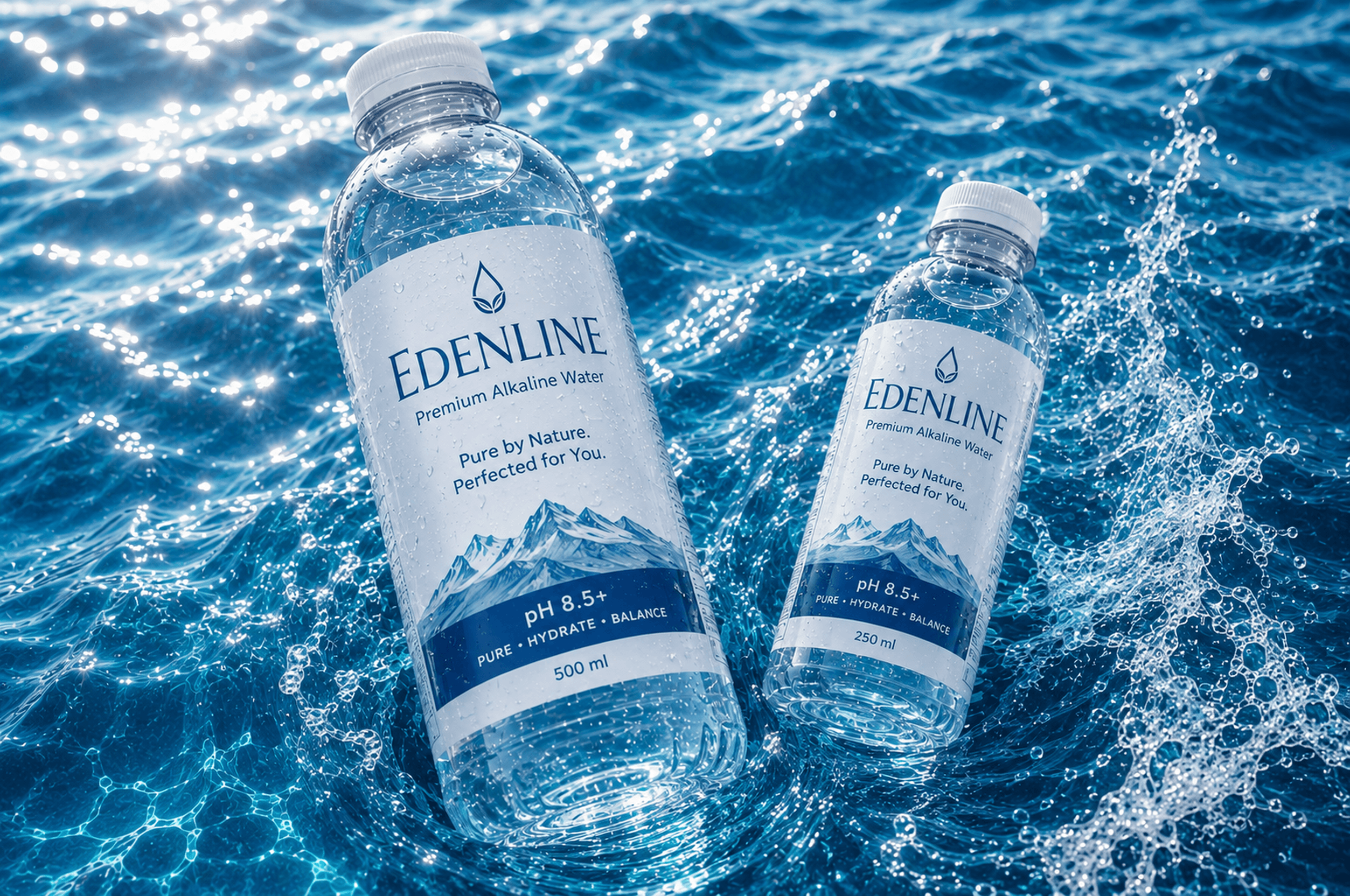 Edenline alkaline water bottles floating in water